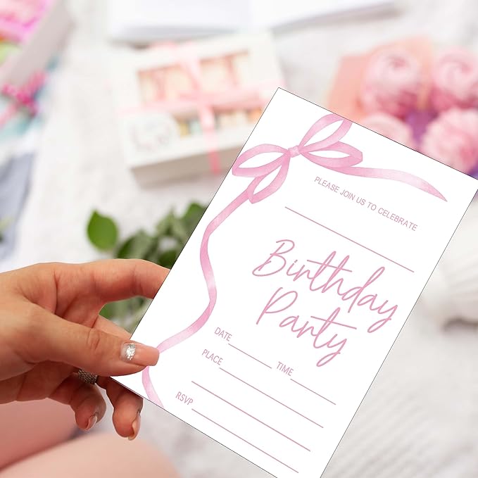 SIXEIGHT Pink Bow Birthday Invitations, 20 Party Invitations - Image 3