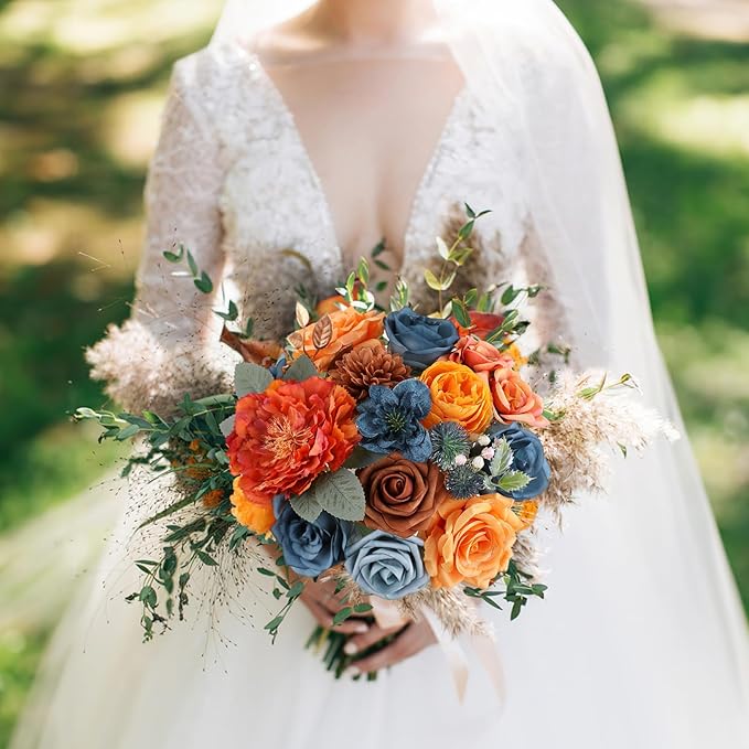 AmyHomie Teal Orange Artificial Flowers Combo Silk Mix Peony Rose Fake Flowers - Image 4