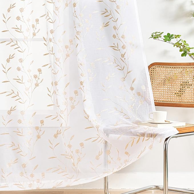 Sheer Curtains White-Beige 95 Inches, Embroidery Floral Pattern Window - Image 4