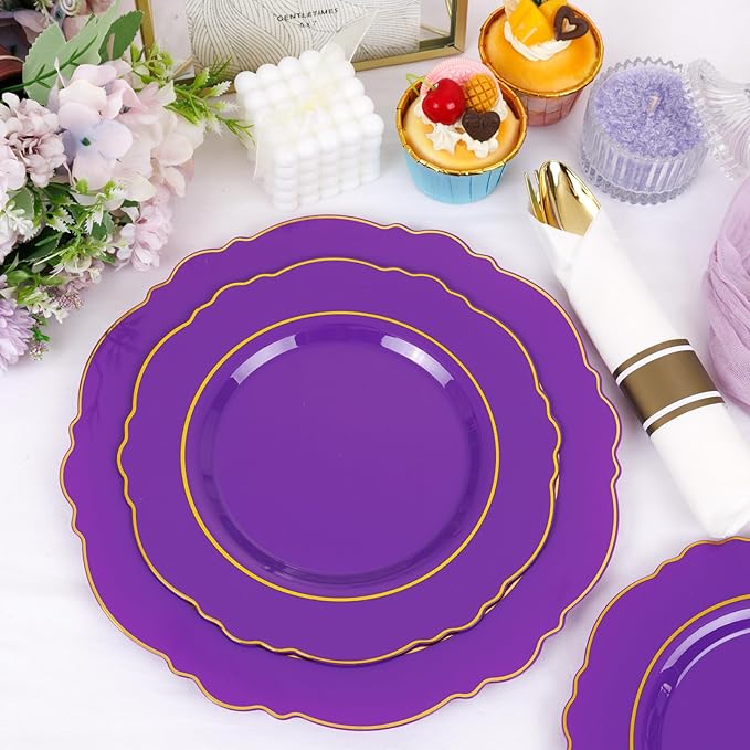 Liacere 350PCS Purple Plastic Plates-Disposable Purple and Gold Plates 50 guest - Image 7