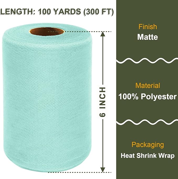 Aqua Blue Tulle Fabric Roll 6 Inch X 300 FT Matte Tulle Ribbon Netting Mesh - Image 2