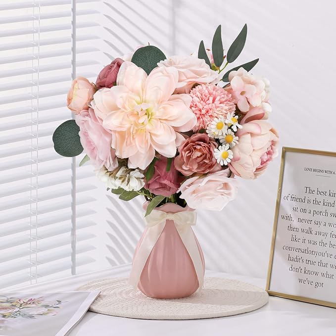 AmyHomie Pink Artificial Flowers Combo Silk Mix Peony Rose Hydrangea Daisy Fake - Image 3