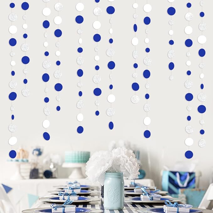 46 Feet Navy Blue White and Silver Circle Dots Garland Royal Blue Hanging Paper - Image 6