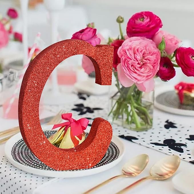 TONIFUL 8 Inch Red Glitter Letter C Table Centerpiece A-Z Red Birthday Party - Image 4