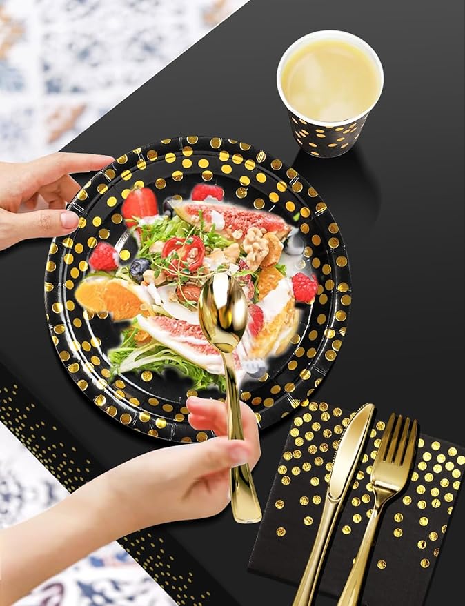 141 Pieces Black Gold Party Supplies, Party Dinnerware Sets Include Paper - Image 3