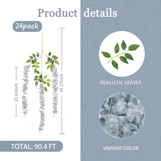 24 Pack Grey Wisteria Hanging Flowers Garland, 3.77 Feet Artificial Flower Vines - Image 2