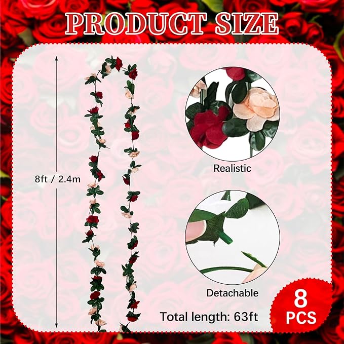 8Pcs 63Ft Burgundy&Champagne Fake Rose Hanging Flowers, Artificial Flower Vine - Image 2