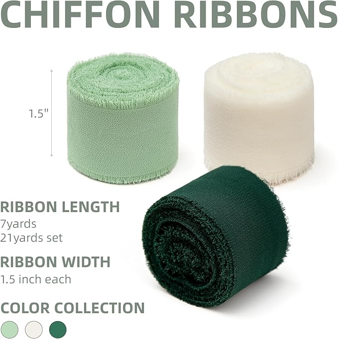 3 Rolls Cream White & Sage Green Handmade Chiffon Ribbon, 1.5" x 21Yd Frayed - Image 2