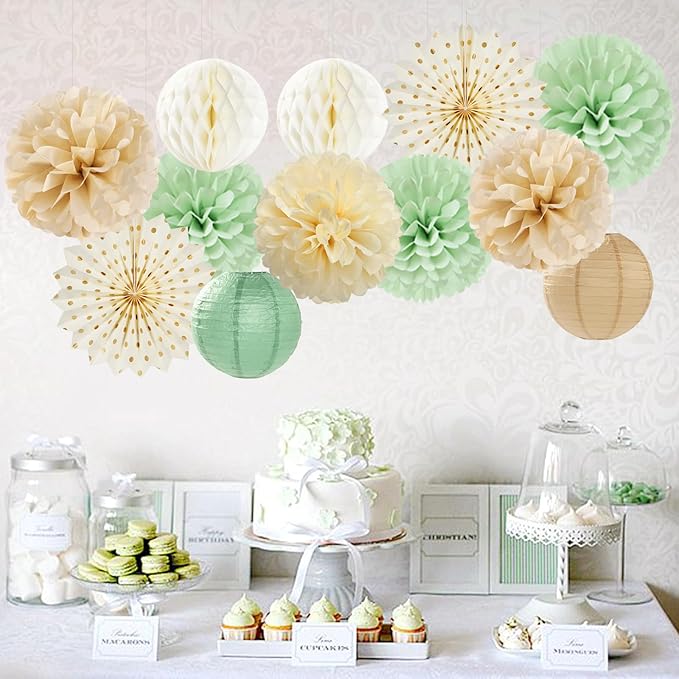 Sage-Green Beige-Champagne Party-Decorations Streamers Lanterns - Image 6