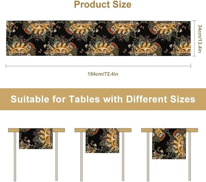 Sun Moon Table Runner, Bohomian Mushroom Daisy Table Gothic Dragonly Butterfly - Image 3