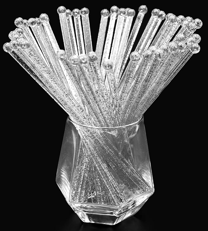 50-PCS Silver Glitter Plastic Swizzle Sticks, Crystal Cake Pops, Cocktail by hapray