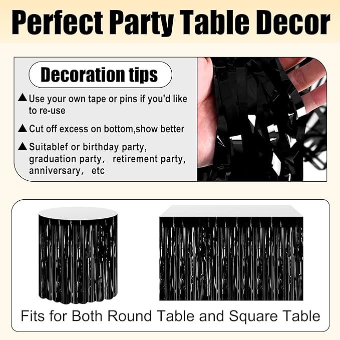 3 Pack 29x108 Inch Black Foil Fringe Table Skirts Metallic Banner - Image 3