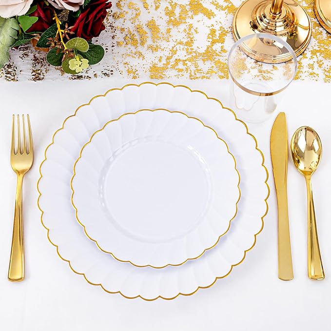 YOUBET 350PCS Gold Scalloped Plastic Plates - Image 8
