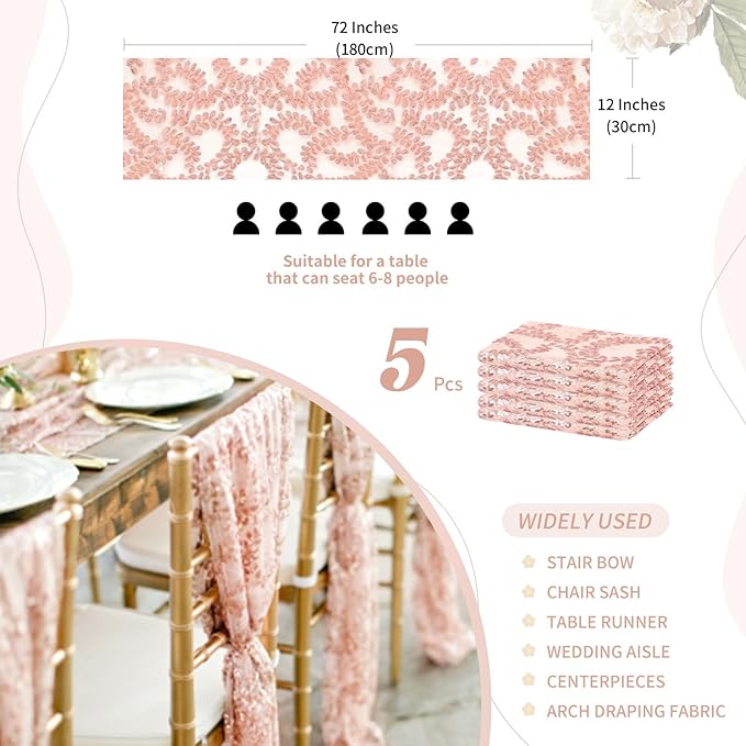 Sequin Table Runners 5 Pieces Rose Gold Flower Table Runners 12x72 Inch Glitter - Image 3