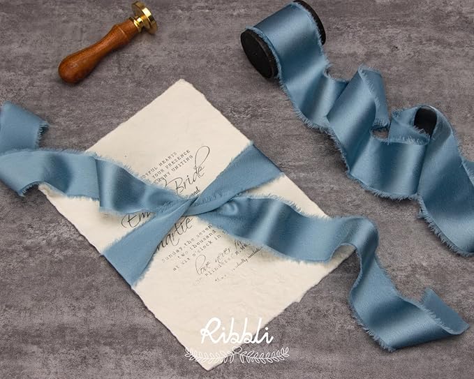 Ribbli Dusty Blue Silk Satin Ribbon 1.5 Inch x 12 Yard Handmade Frayed Chiffon - Image 3