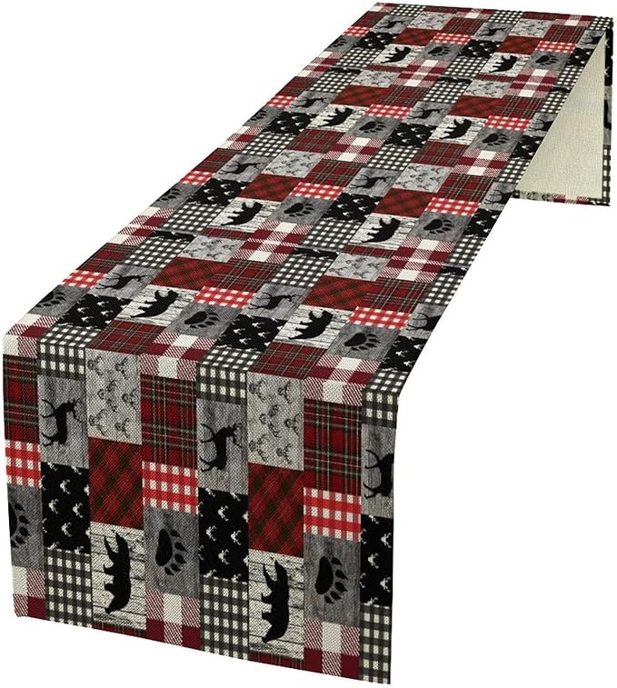 Rustic Farm Table Runner, Vintage Woodland Deer Bear Animal Buffalo Plaid Print by Kurtect