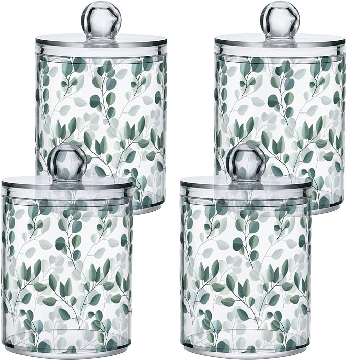 Qtip Holder Dispenser 2 Pack Green Watercolor Floral Leaves Apothecary Jars - Image 2