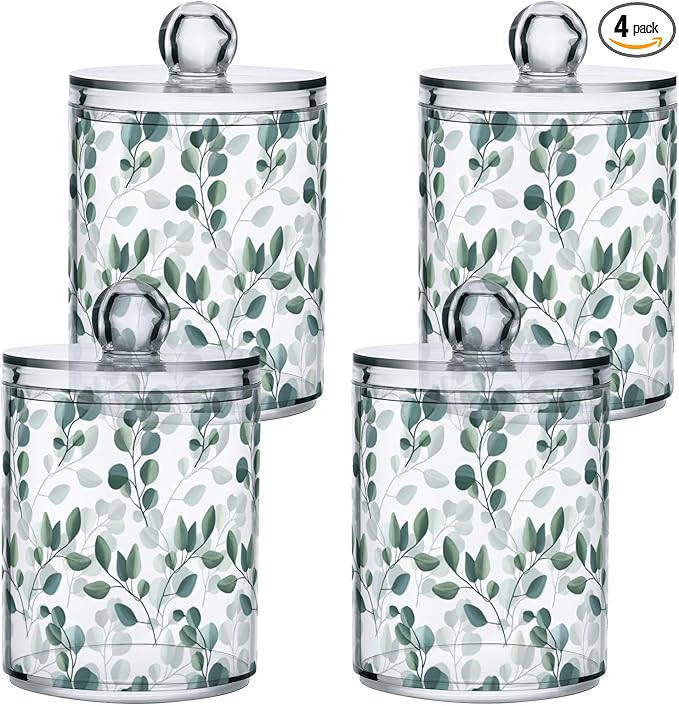 Qtip Holder Dispenser 4 Pack Green Watercolor Floral Leaves Apothecary Jars by Gredecor