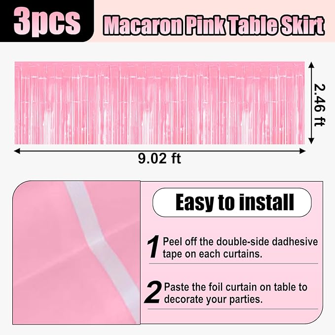 3 Pack 29x108 Inch Macaron Pink Foil Fringe Table Skirts Metallic Banner - Image 2