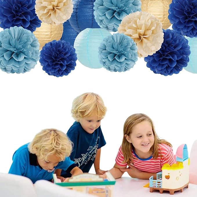 Dusty-Navy Blue Champagne-Gold Paper-Flowers Lanterns - Image 6