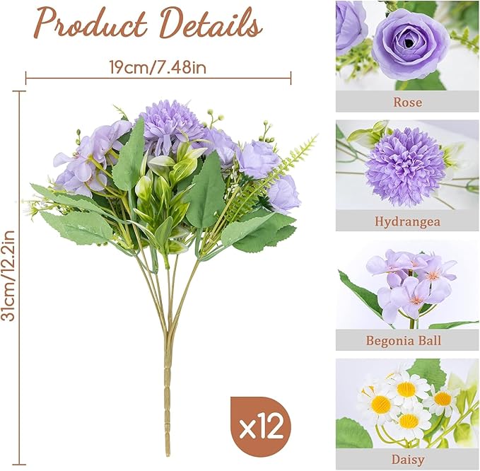12 Packs Peonies Artificial Flowers, Silk Artificial Peonies Flowers Fake Peony - Image 3