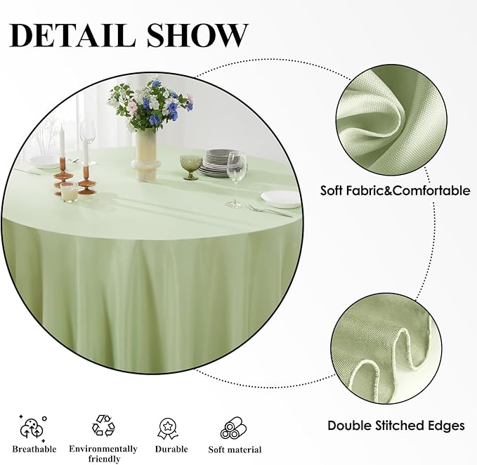 Round Tablecloth 2 Pack 90 Inch Sage Green Tablecloths Washable Decorative - Image 4