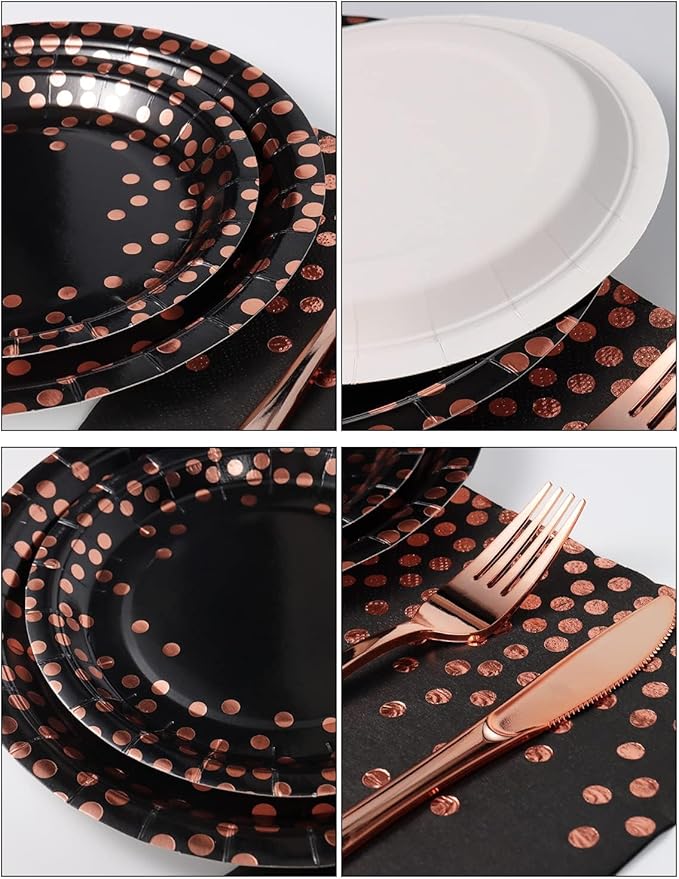 141 Pieces Black and Rose Gold Party Supplies, Party Dinnerware Sets Include - Image 2