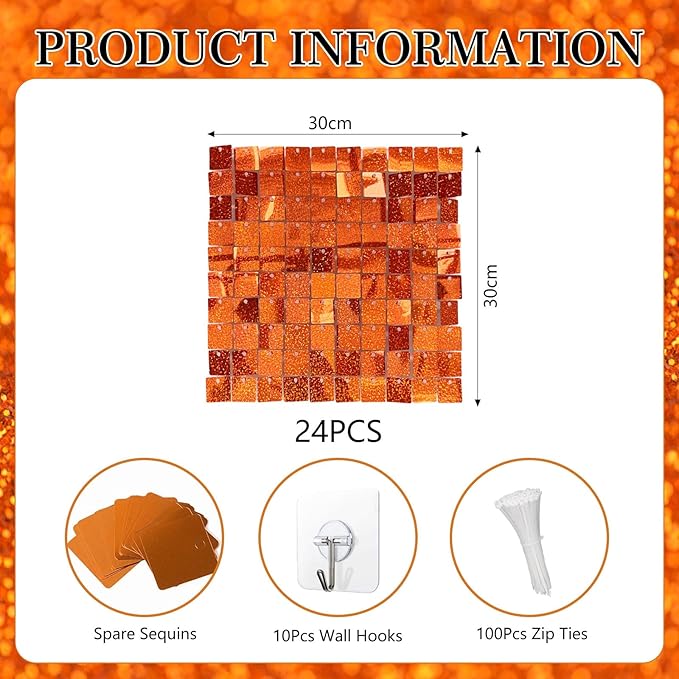 24PCS Orange Shimmer Wall Backdrop, Laser Square Sequin Photo Backdrops Panel - Image 2