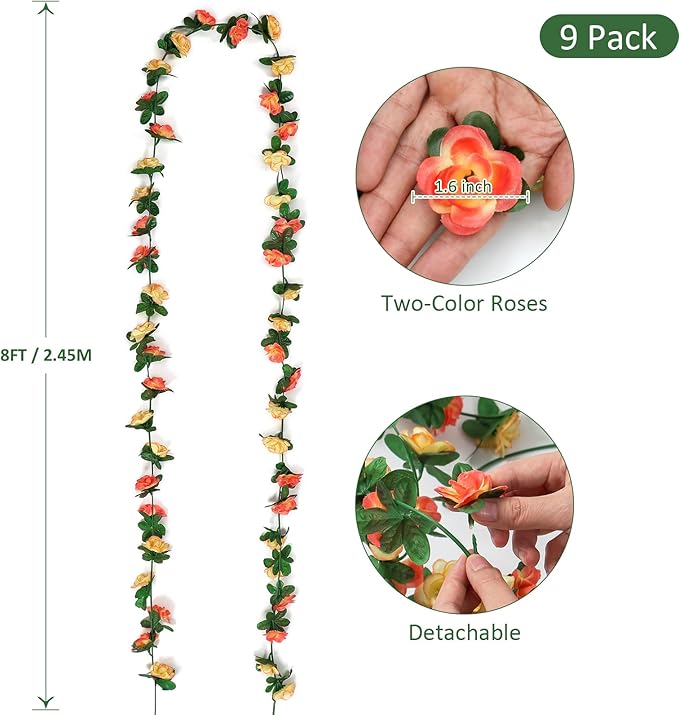 KHOYIME 9 Pack 72 FT Artificial Flower Garland, Fake Champagne Roses Vines Silk - Image 3