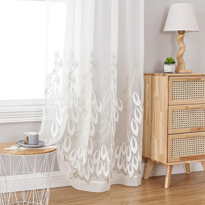 VISIONTEX White Sheer Voile Curtains, Decorative White Embossed Drip Rod Pocket by VISIONTEX
