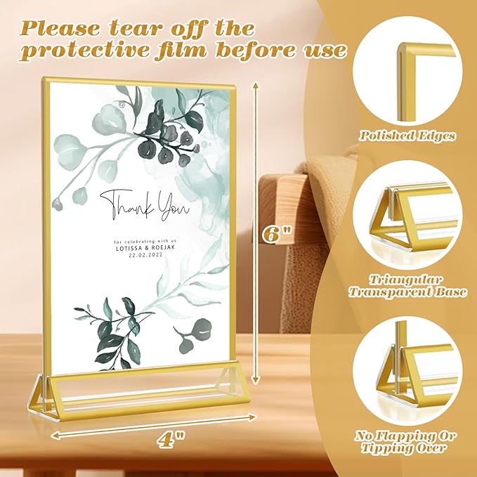 Gold Acrylic Sign Holder 4x6, 16 Pack Wedding Gold Frame Table Number Holders - Image 3