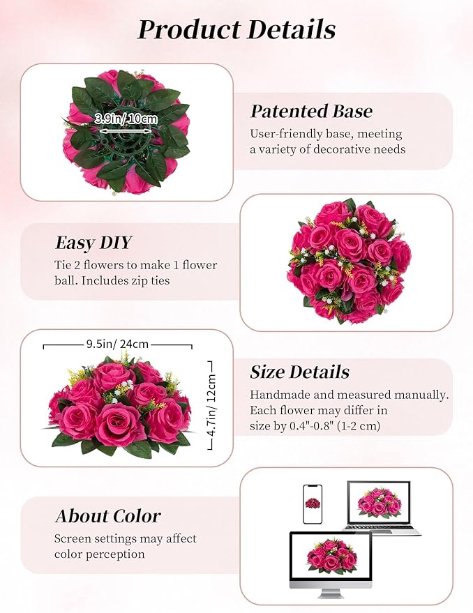 BLOSMON Hot Pink Flowers Artificial: 2 Pcs Fake Rose Balls Centerpiece - Image 6