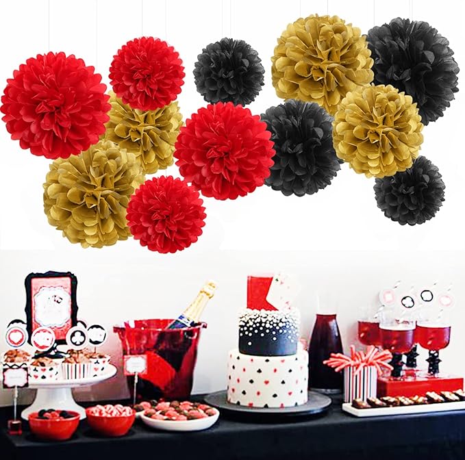 Red-Black Gold Party-Decorations Tissue Pom-Poms - Image 4