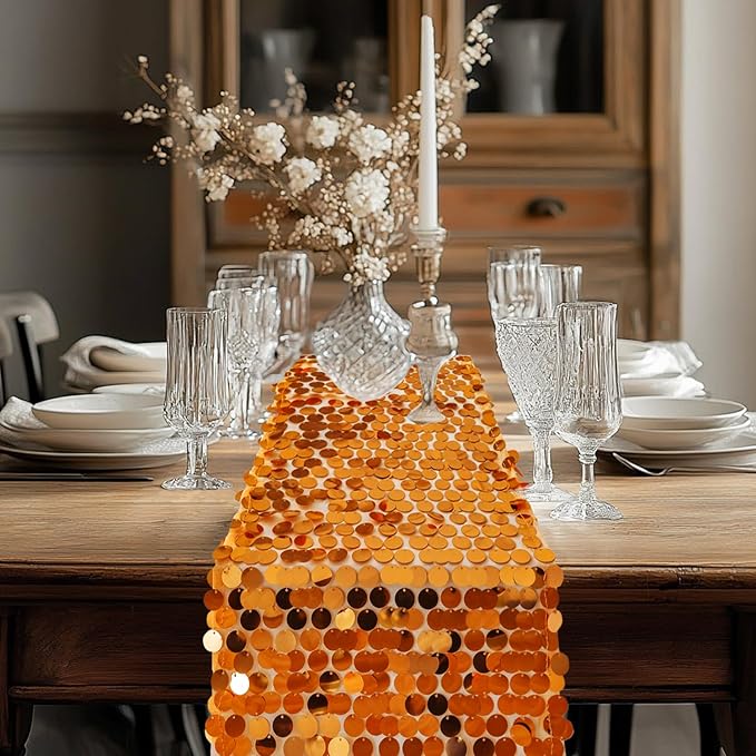 VHH Sequin Table Runner 12 x 108 inches Orange Table Runner, Glitter Runner - Image 7