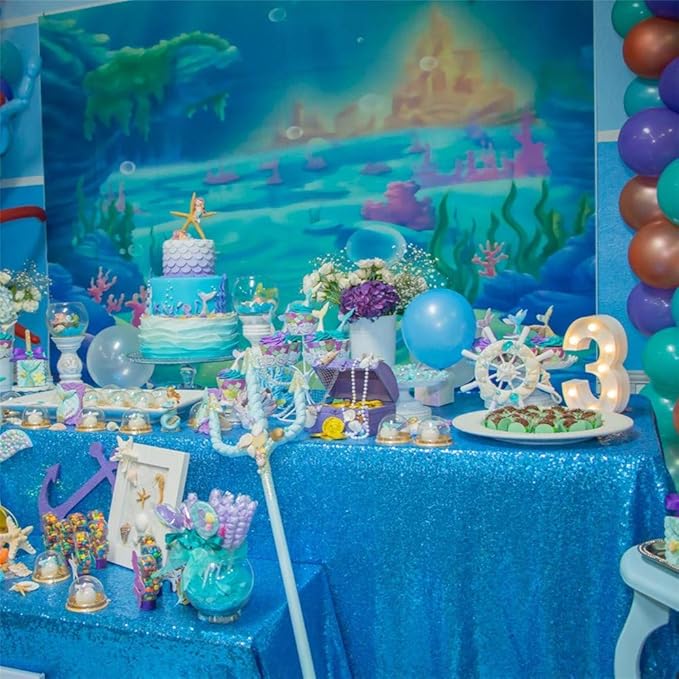 QueenDream Aqua Blue Tablecloth 60 x 102 Inch Sequin Tablecloth - Image 2