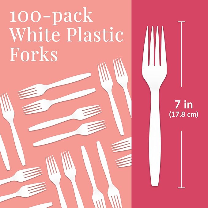 Prestee 100 White Plastic Forks Heavy-Duty, Heavyweight Plastic Silverware Forks - Image 2