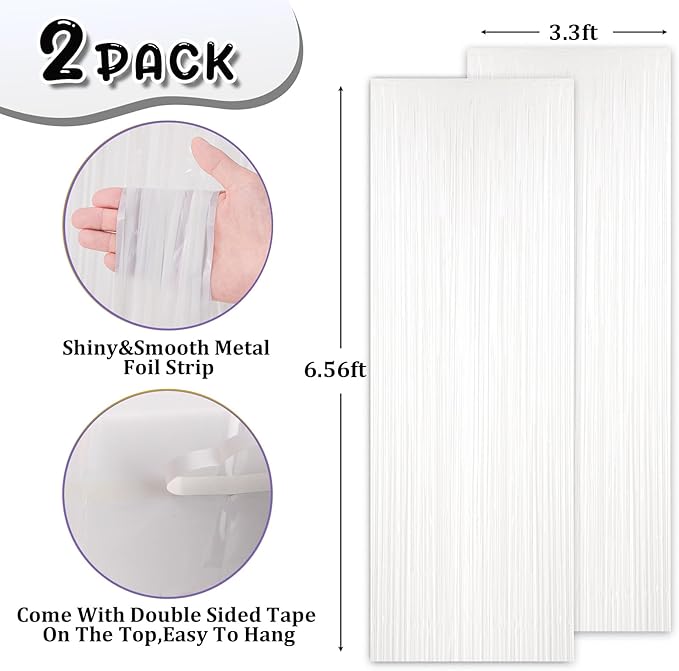 2 Pack White Tinsel Foil Fringe Curtains, Metallic Tinsel Party Streamers - Image 3
