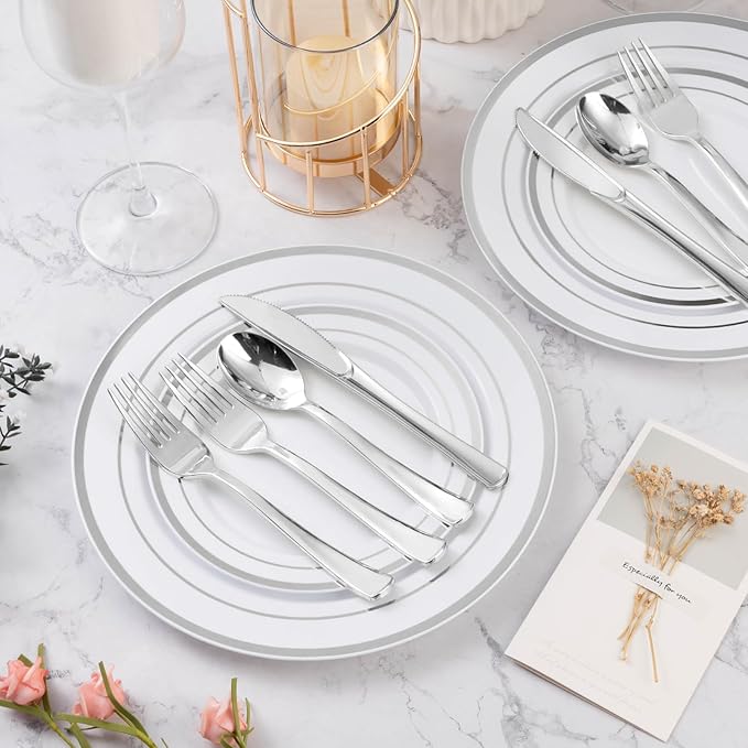 600PCS Silver Plastic Plate Set, Disposable Plates - Image 2