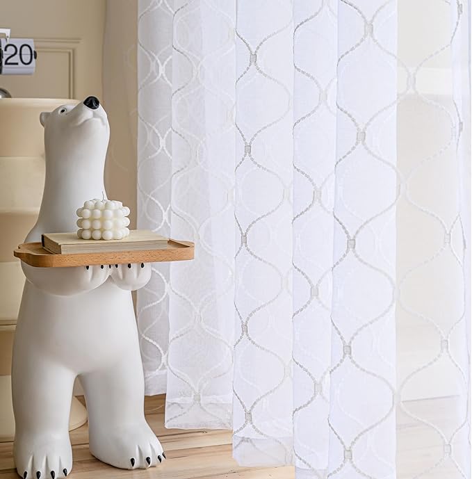Sheer Curtains White 45 Inches, Wavy Diamond Embroidered Rod Pocket Voile Drapes - Image 5