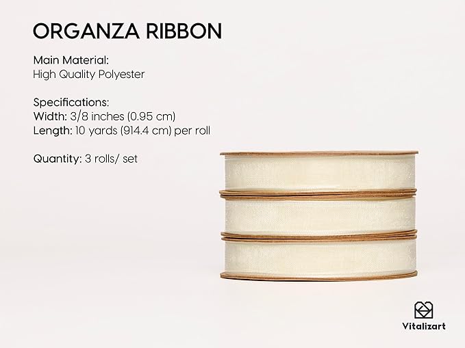 Vitalizart 3/8" x 30Yd Organza Ribbon Cream White Sheer Ribbons Set 10 Yd x 3 - Image 2