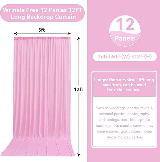 60ftx12ft Wrinkle Free Pink Backdrop Curtain, 12 Panels 12FT Height Pink - Image 4