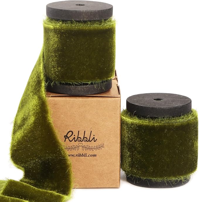 Ribbli Moss Green Velvet Ribbon 1.5 Inch Handmade Frayed Vintage Christmas by Ribbli