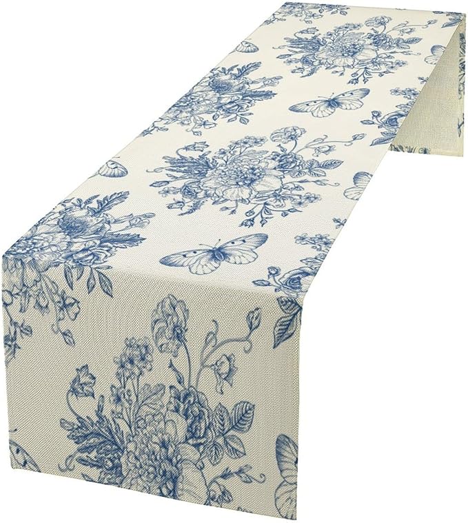 Monochrome Sketch Flowers Table Runner, Seasonal Spring Fall Plants Blue by SHElifestyle