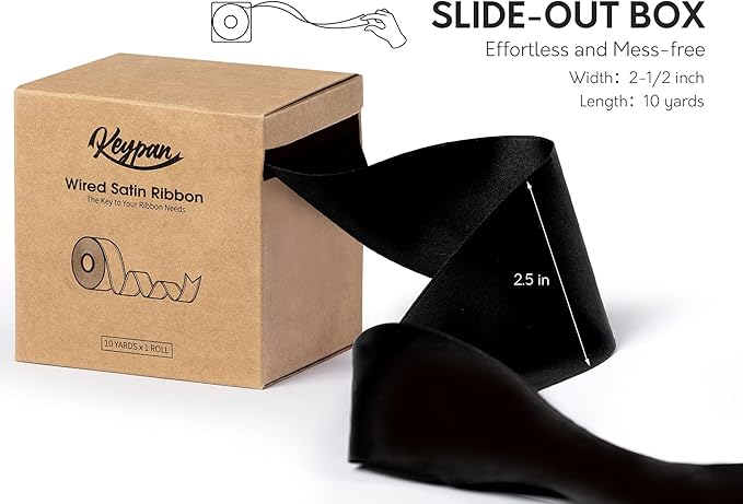 Black Satin Ribbon Double-Faced Wired Ribbons - Image 2