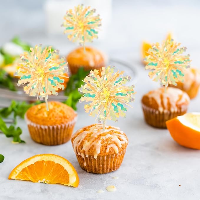 Ephlyn 30Pcs Foil Firework Cupcake Toppers Sparkle Tinsel Drink Birthday Cake - Image 6