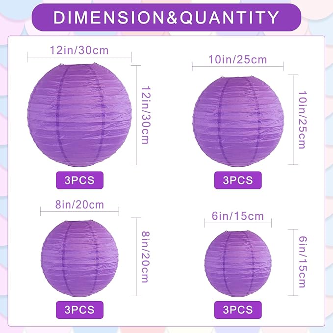 12Pcs Round Paper Lanterns Assorted Sizes - Image 2