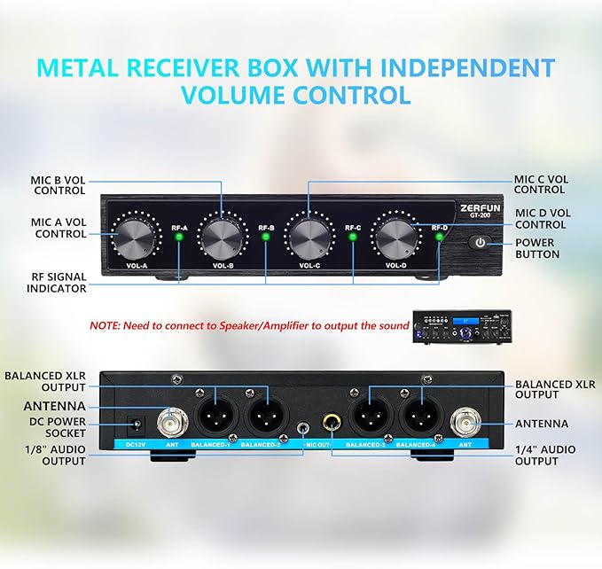 4 Channel Rechargeable Wireless Microphone System, Pro UHF Metal Handheld - Image 2