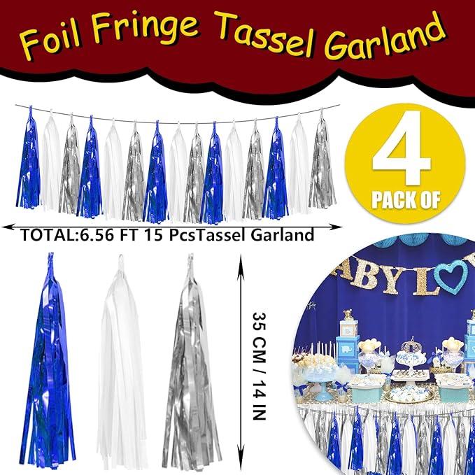 4P Navy Blue White Silver Foil Fringe Tassel Banner Garland Metallic Tinsel - Image 2