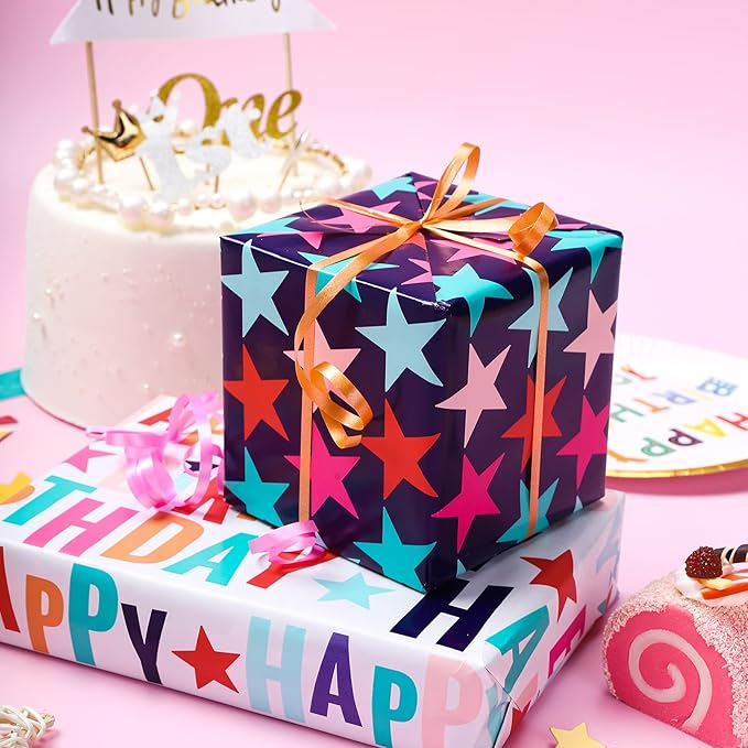 LeZakaa Reversible Stars Birthday Wrapping Paper Roll, Happy Birthday Lettering - Image 3