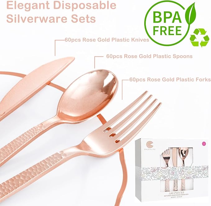 Supernal 180pcs Rose Gold Plastic Silverware Heavy Duty Plastic Forks and Spoons - Image 8